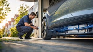 Mechaniker prüft im Sommer ein Elektroauto in einer deutschen Einfahrt