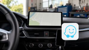 Waze-Logo groß auf einem Android-Auto-Navigationsdisplay im Auto